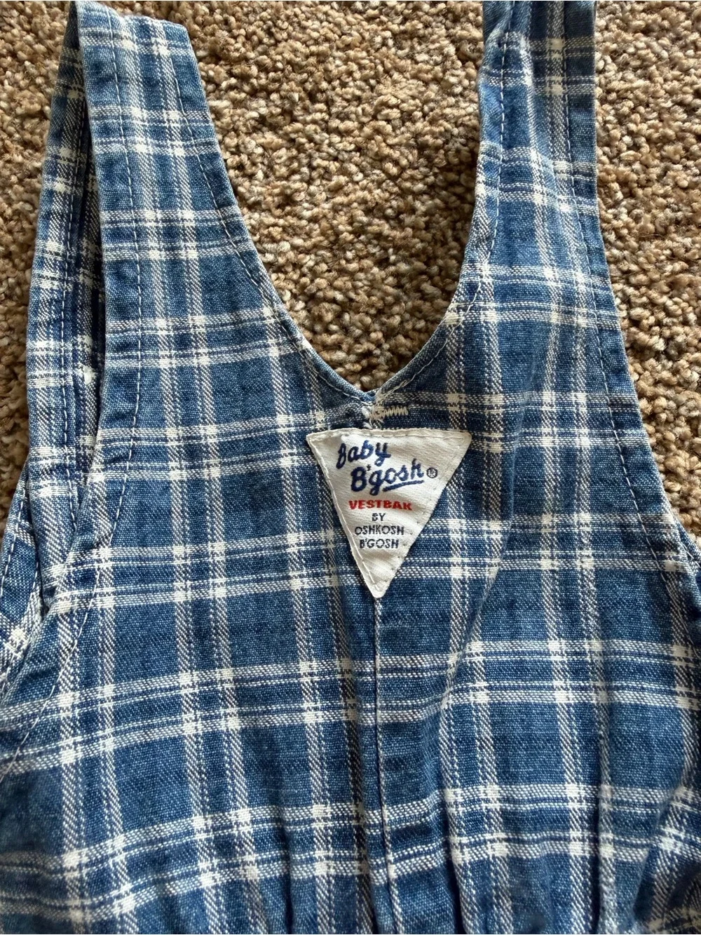OSHKOSH BABY B’GOSH Vintage Denim Blue & White Plaid Vestbak Shortalls